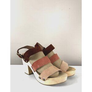 Retro Boho Chunky Platform Suede Leather 9.5 Sandals Pink Brown Wooden Heel
